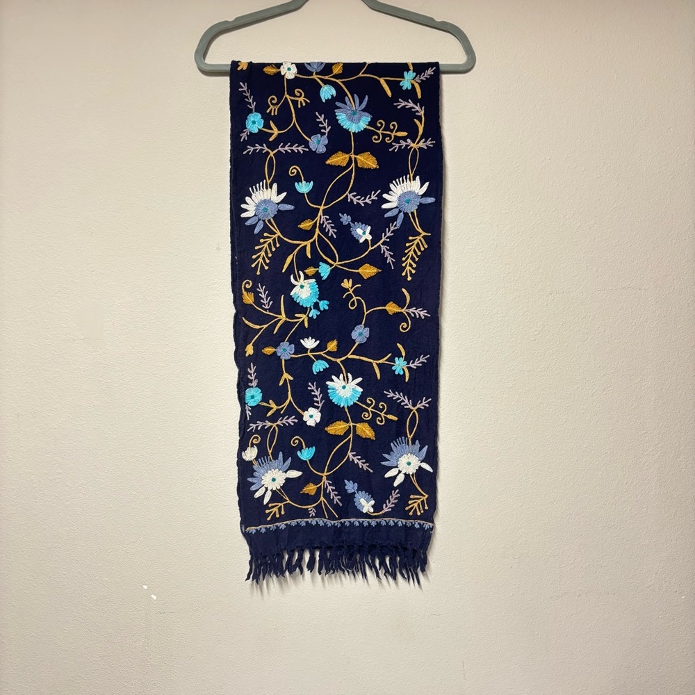 Floral Embroidered Navy Scarf